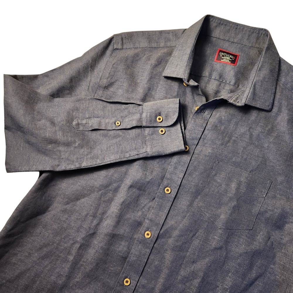 UNTUCKit Button Down Mens Large Blue Linen Wrinkle Resistant Long Sleeve Shirt